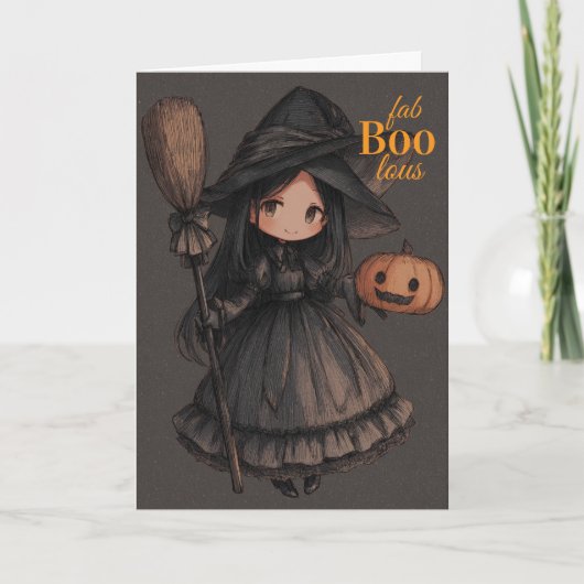 Cute Witch Girl her Broom & Pumpkin Kids Halloween Kaart (Voorkant)