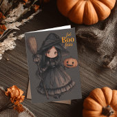 Cute Witch Girl her Broom & Pumpkin Kids Halloween Kaart