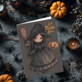 Cute Witch Girl her Broom & Pumpkin Kids Halloween Kaart