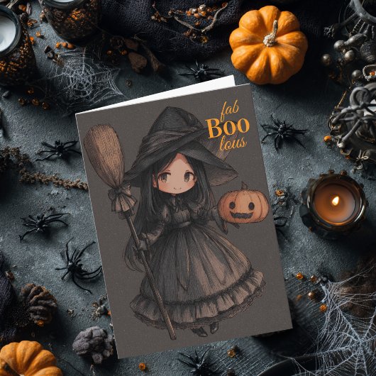 Cute Witch Girl her Broom & Pumpkin Kids Halloween Kaart