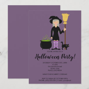 Cute Witch Girl vliegt op een feest in de kamer. Kaart