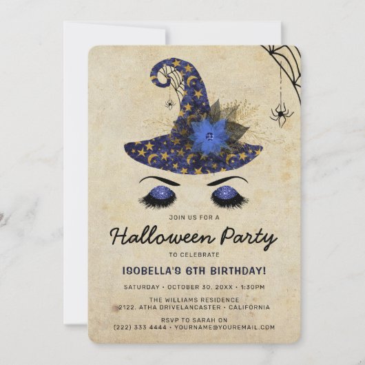 Cute Witch Girls Halloween Kinder Blue Birthday Kaart (Voorkant)