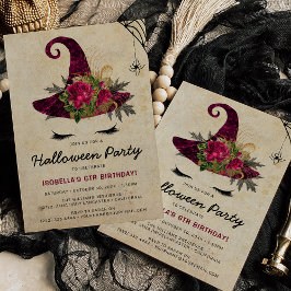 Cute Witch Girls Halloween Kinder Burgundy Birthda Kaart