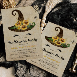 Cute Witch Girls Halloween Kinder Yellow Birthday Kaart