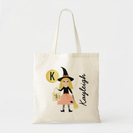 Cute Witch Halloween behandelt monogram Naam Tote Bag