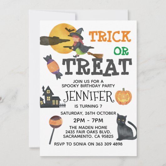 Cute Witch Halloween Birthday Invitation Kaart (Voorkant)