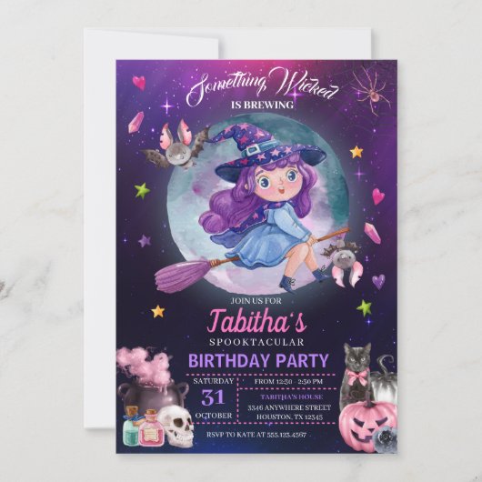 Cute Witch Halloween Kids Birthday Party Kaart (Voorkant)