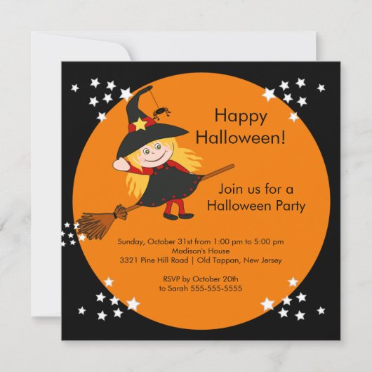 Cute Witch Halloween Party Invitation for children Kaart (Voorkant)