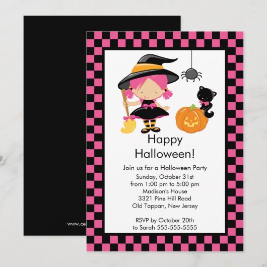 Cute Witch Halloween Party Invitation Kaart (Voorkant / Achterkant)