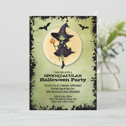 Cute Witch Halloween Party Kaart (Staand voorkant)