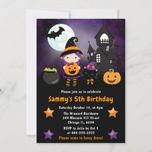 Cute Witch Halloween Scene Birthday Party Kaart