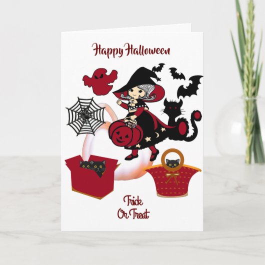 Cute Witch Halloween Trick or treat Wenskaart Kaart (Voorkant)
