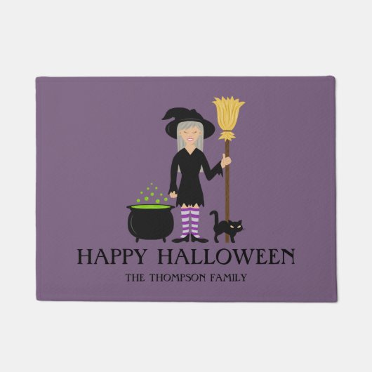 Cute Witch Happy Halloween en Custom Family Name Deurmat (Voorkant)