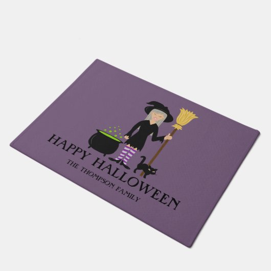 Cute Witch Happy Halloween en Custom Family Name Deurmat (Schuin)
