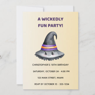 Cute Witch Hat Halloween Birthday Invitation Kids Kaart