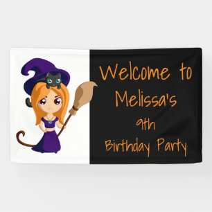 Cute Witch in het Paarse Pet Halloween Birthday Spandoek