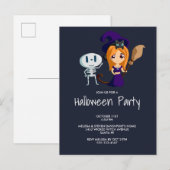 Cute Witch in het Paarse Pet Halloween Party Uitnodiging Briefkaart (Voorkant / Achterkant)