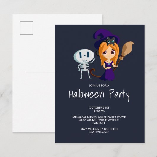 Cute Witch in het Paarse Pet Halloween Party Uitnodiging Briefkaart (Voorkant / Achterkant)