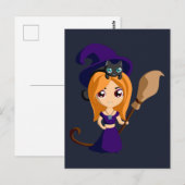 Cute Witch in Paars Pet en haar Cat Halloween Briefkaart (Voorkant / Achterkant)