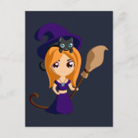 Cute Witch in Paars Pet en haar Cat Halloween