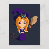 Cute Witch in Paars Pet en haar Cat Halloween Briefkaart (Voorkant)