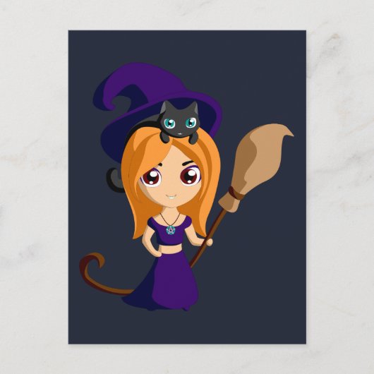 Cute Witch in Paars Pet en haar Cat Halloween Briefkaart (Voorkant)