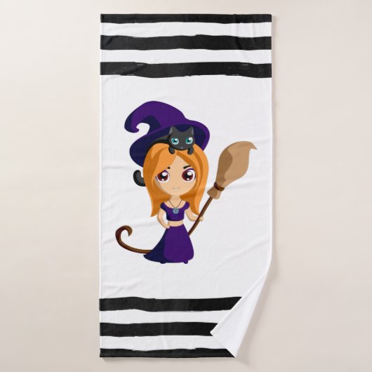 Cute Witch in Paars Pet Halloween Bad Handdoek (Badhanddoek)