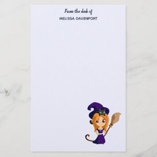 Cute Witch in Paars Pet Halloween Briefpapier