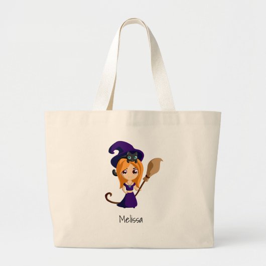 Cute Witch in Paars Pet Halloween Grote Tote Bag (Voorkant)