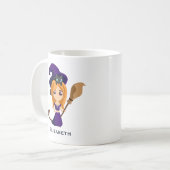 Cute Witch in Paars Pet Halloween Koffiemok (Voorkant links)