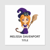 Cute Witch in Paars Pet Halloween Naamplaatje (Voorkant)