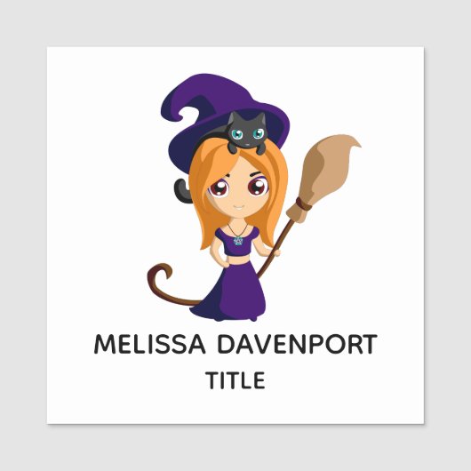 Cute Witch in Paars Pet Halloween Naamplaatje (Voorkant)