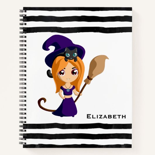 Cute Witch in Paars Pet Halloween Notitieboek (Voorkant)