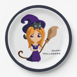Cute Witch in Paars Pet Halloween Papieren Bordje