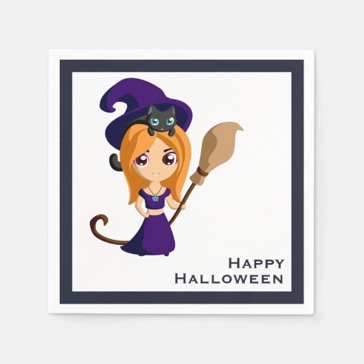 Cute Witch in Paars Pet Halloween Servet (Voorkant)