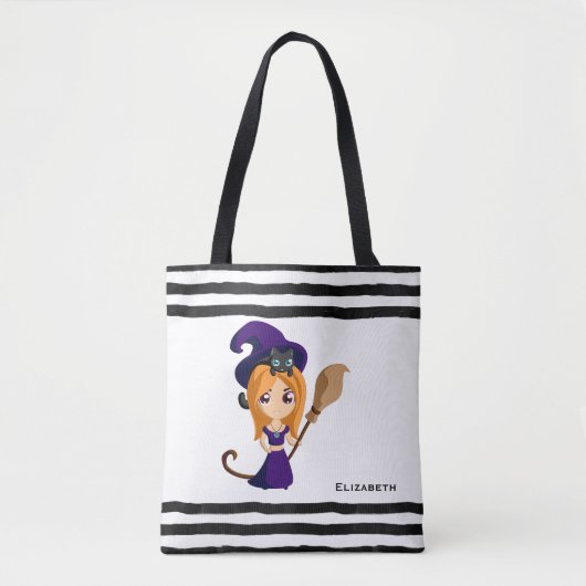 Cute Witch in Paars Pet Halloween Tote Bag (Voorkant)