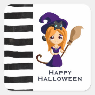 Cute Witch in Paars Pet Halloween Vierkante Sticker
