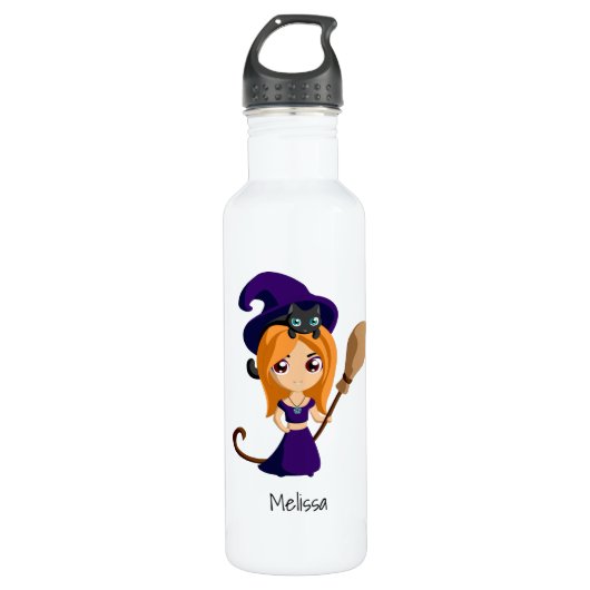 Cute Witch in Paars Pet Halloween Waterfles (Voorkant)