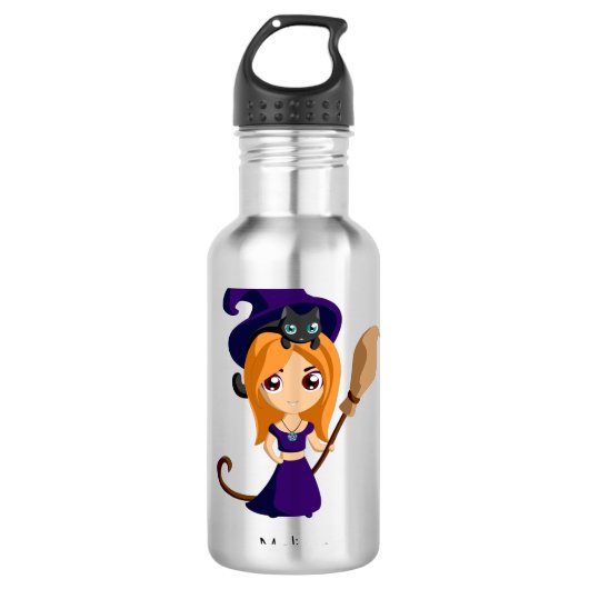 Cute Witch in Paars Pet Halloween Waterfles (Voorkant)