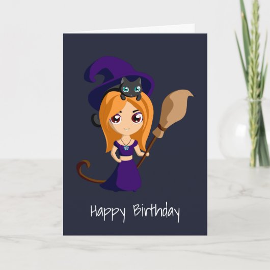Cute Witch in Paars Pet Happy Birthday Kaart (Voorkant)
