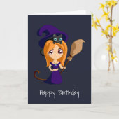 Cute Witch in Paars Pet Happy Birthday Kaart (Gele Bloem)