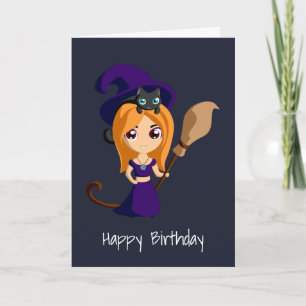 Cute Witch in Paars Pet Happy Birthday Kaart