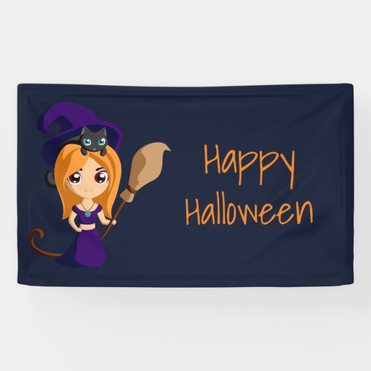 Cute Witch in Paars Pet Happy Halloween Spandoek (Horizontaal)