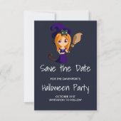 Cute Witch in Paarse Pet Halloween Save the Date (Voorkant)
