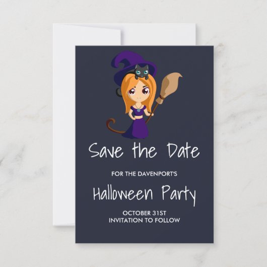 Cute Witch in Paarse Pet Halloween Save the Date (Voorkant)