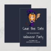 Cute Witch in Paarse Pet Halloween Save the Date (Voorkant / Achterkant)