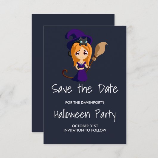 Cute Witch in Paarse Pet Halloween Save the Date (Voorkant / Achterkant)