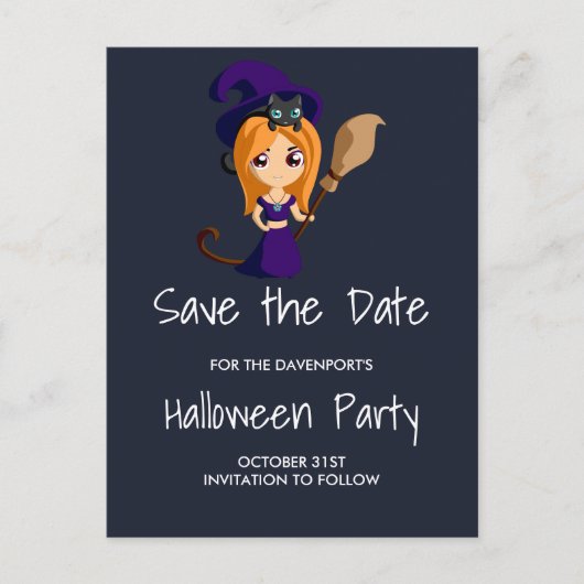 Cute Witch in Paarse Pet Halloween Save the Date Aankondigingskaart (Voorkant)