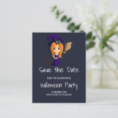 Cute Witch in Paarse Pet Halloween Save the Date Aankondigingskaart (Staand voorkant)