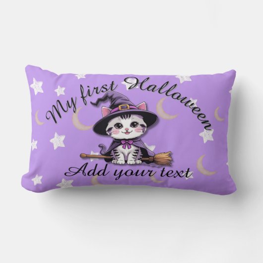 Cute Witch Kitten – Pastel Halloween Lumbar Pillow Kussen (Voorkant)